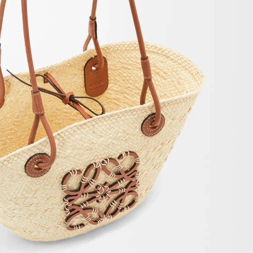 Loewe - Anagram small basket bag in Iraca palm and calfskin Natural Tan