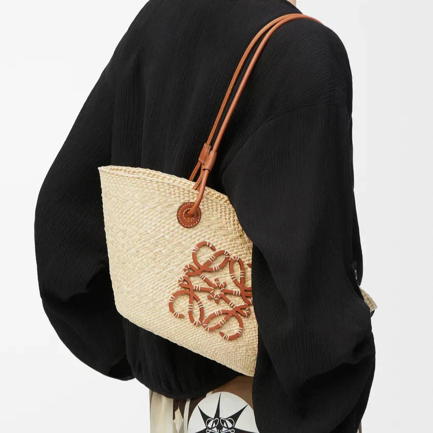Loewe - Anagram small basket bag in Iraca palm and calfskin Natural Tan
