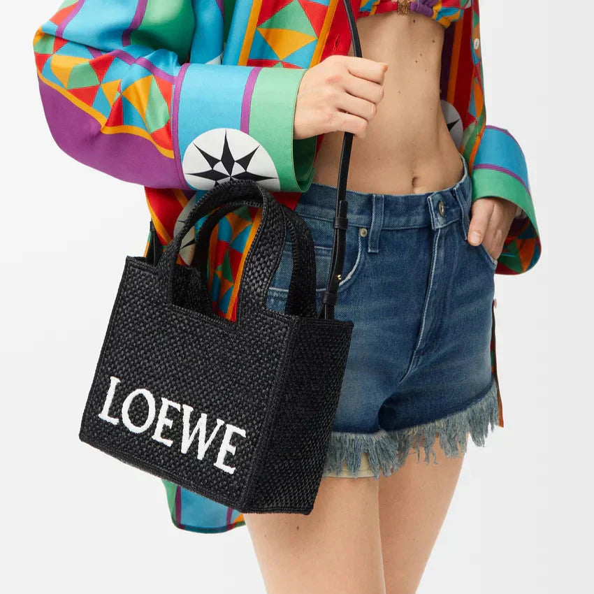 LOEWE - Small Font Tote in Black Raffia